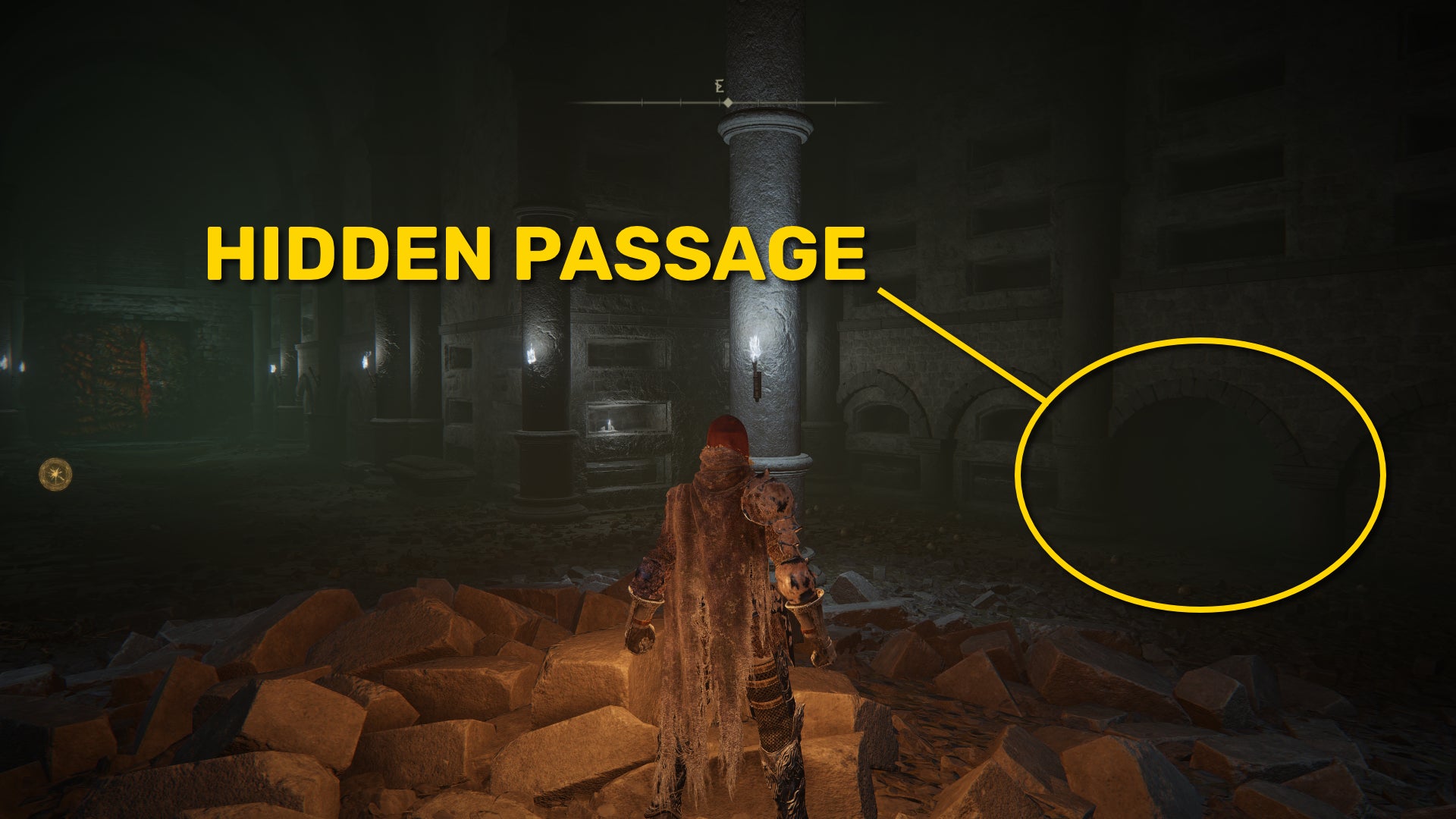 The player stands in front of a hidden passage near the Frenzied Flame Proscription Site Of Grace in Elden Ring. - 7