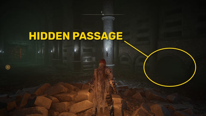The player stands in front of a hidden passage near the Frenzied Flame Proscription Site Of Grace in Elden Ring.