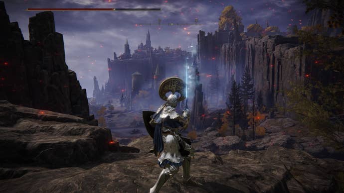 Elden Ring screenshot of the Tarnished brandishing the Frost Needle sword, readying an attack.