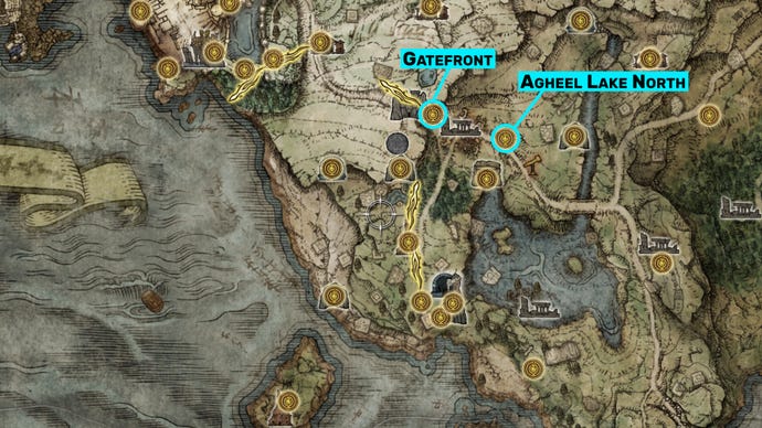 Part of the Elden Ring map, with the locations of the Gatefront and Agheel Lake North grace sites marked.