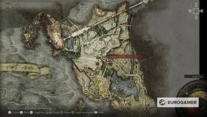 Map showing the location of the Gatefront Ruins in Limgrave in Elden Ring.