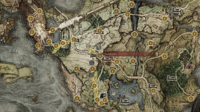 Part of the Elden Ring map, with the location of the Gatefront in Limgrave marked.