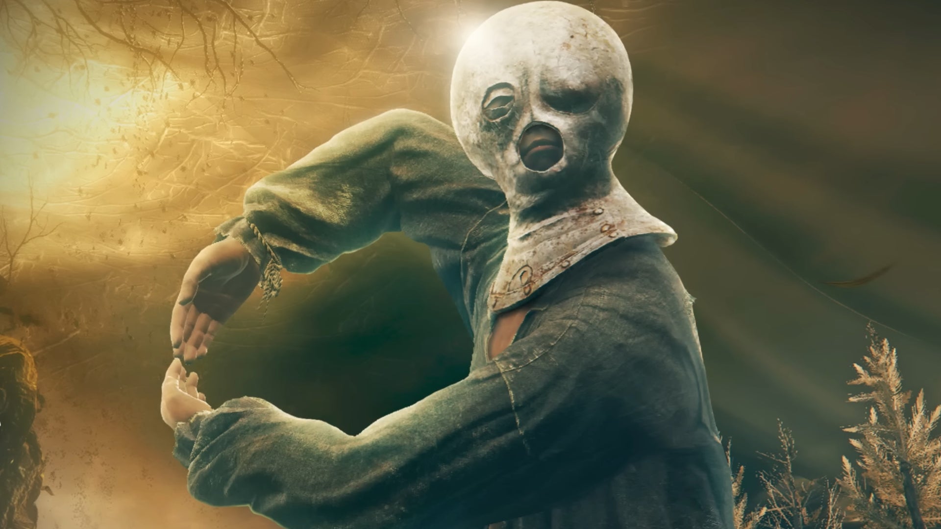 A close-up of a player in Elden Ring wearing a Prisoner Mask and performing the Ring Of Miquella Gesture with their arms. - 1