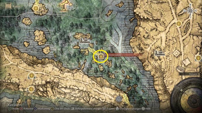 A map screen from Elden Ring showing the location of the Glintstone Craftsman’s Cookbook 2