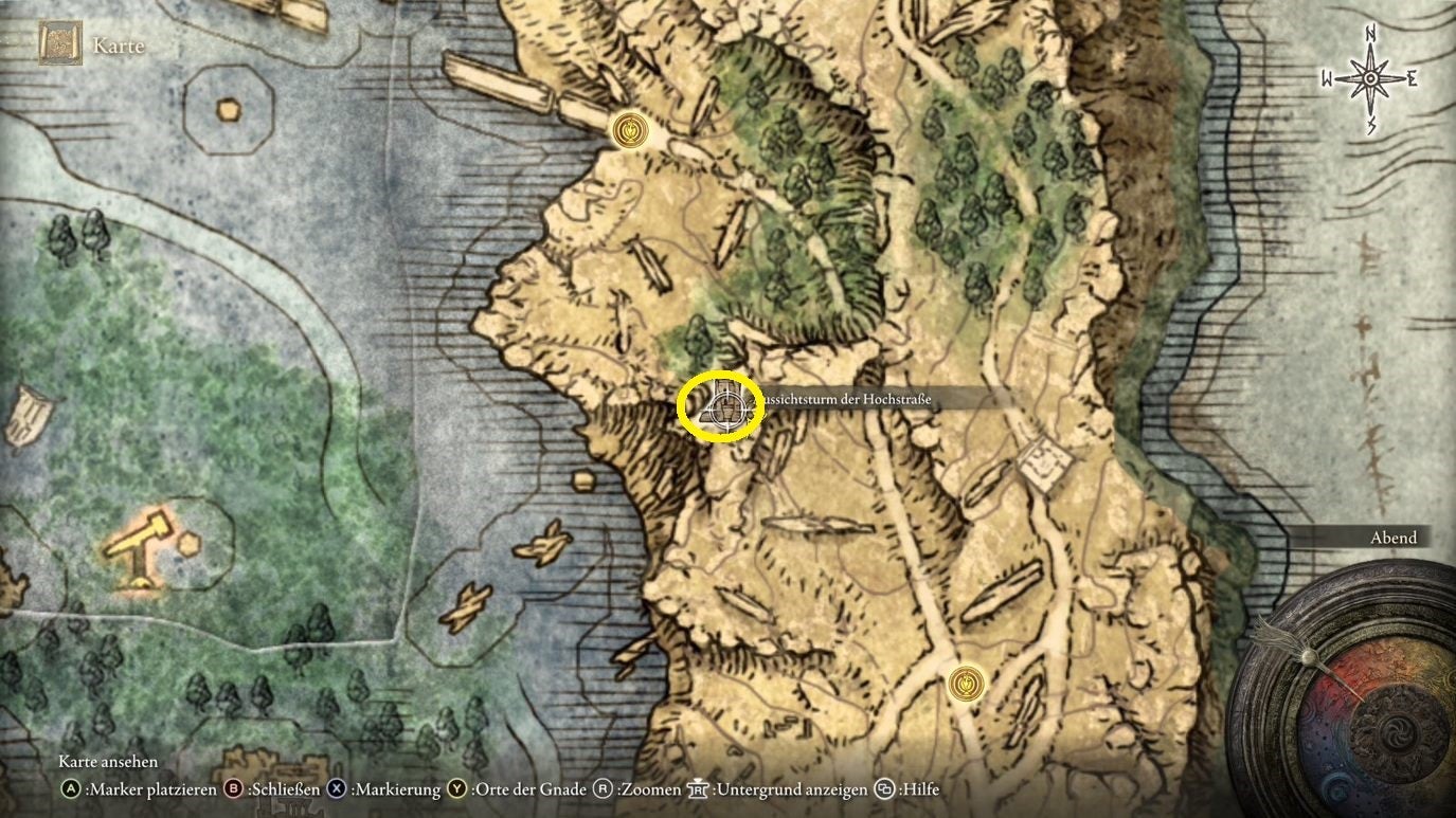 A map screen from Elden Ring showing the location of the Glintstone Craftsman&rsquo;s Cookbook 3