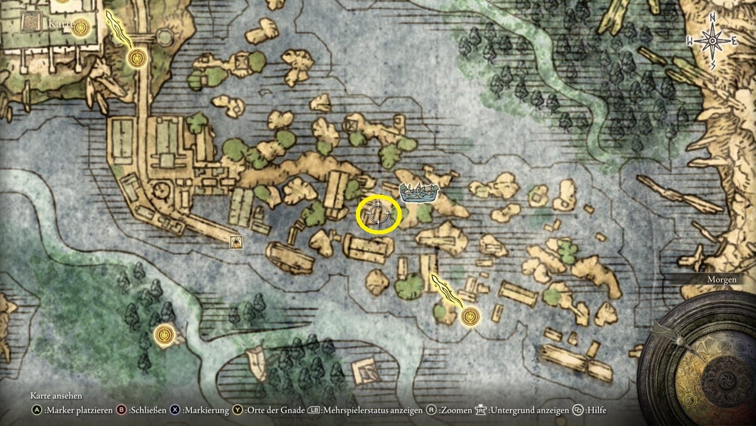 A map screen from Elden Ring showing the location of the Glintstone Craftsman&rsquo;s Cookbook 4