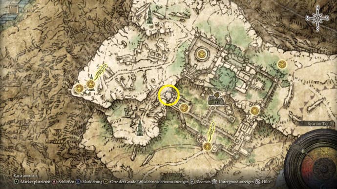 A map screen from Elden Ring showing the location of the Glintstone Craftsman’s Cookbook 7