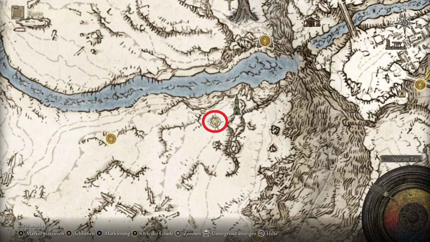 A map screen from Elden Ring showing the location of the Glintstone Craftsman&rsquo;s Cookbook 8