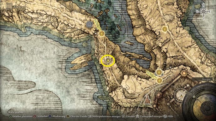 A map screen from Elden Ring showing the location of the Glintstone Craftsman's Cookbook 1