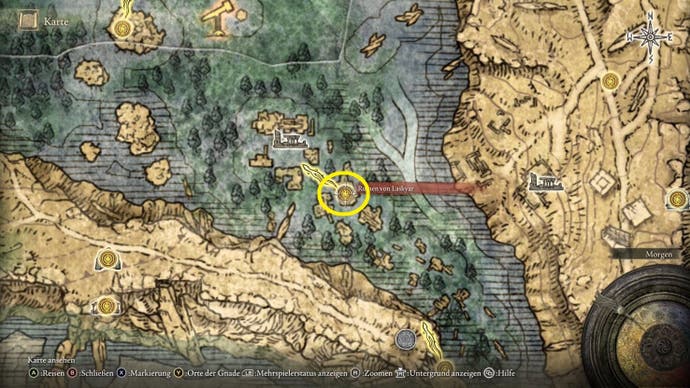 A map screen from Elden Ring showing the location of the Glintstone Craftsman's Cookbook 2