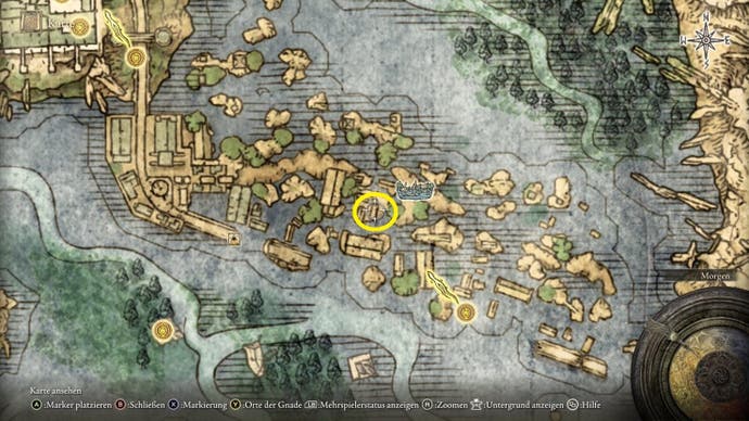 A map screen from Elden Ring showing the location of the Glintstone Craftsman's Cookbook 4