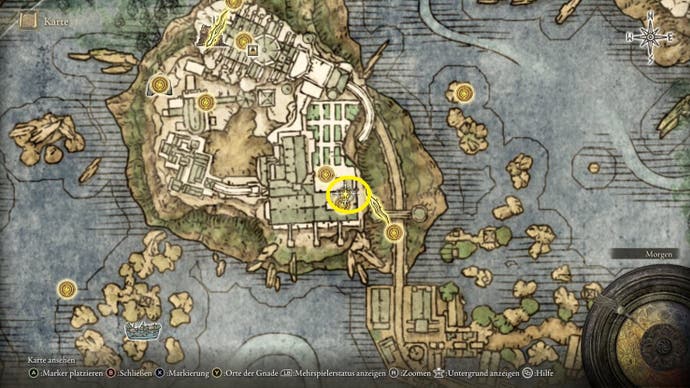 A map screen from Elden Ring showing the location of the Glintstone Craftsman's Cookbook 5