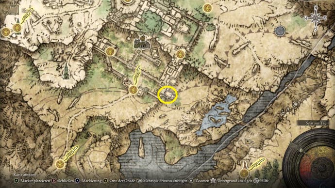 A map screen from Elden Ring showing the location of the Glintstone Craftsman's Cookbook 6