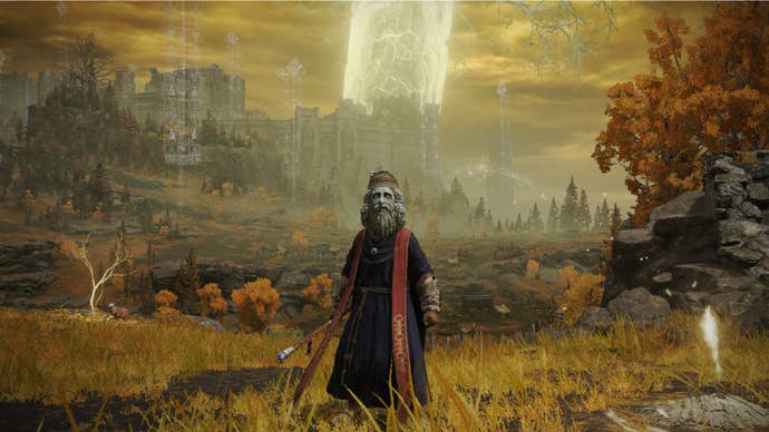 Elden Ring player wearing a Glintstone Crown on the Erdtree-Gazing Hill, wielding a staff