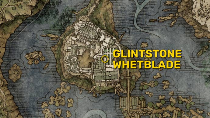 Part of the Elden Ring map, with the location of the Glintstone Whetblade marked with a yellow circle.