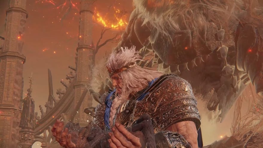 Elden Ring boss Godfrey, the first Elden Lord, kneels under the burning Erdtree. His spectral lion roars in the background