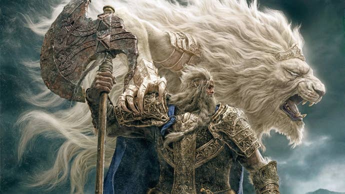 Official artwork of Lord Godfrey in Elden Ring, with the Beast Lord Serosh upon his back.