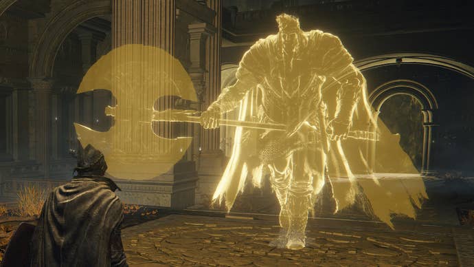 A golden apparition of Godfrey, First Elden Lord bears down upon the player in Elden Ring.