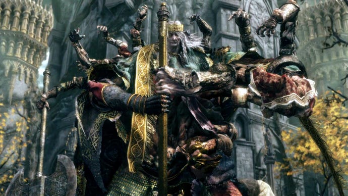 The misshapen, many-armed form of Godrick the Grafted, a major boss in Elden Ring.