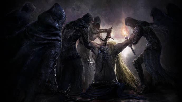 A group of Black Knife Assassins kills Godwyn The Golden on the Night Of Black Knives in Elden Ring.