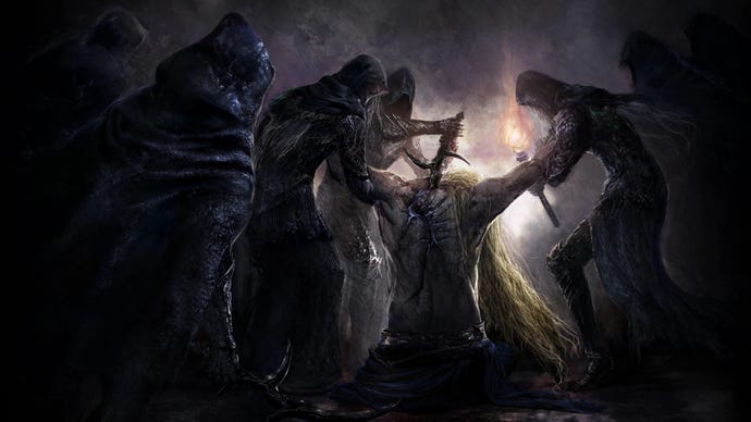 A group of Black Knife Assassins kills Godwyn The Golden on the Night Of Black Knives in Elden Ring.
