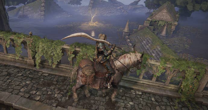 The Tarnished riding on Torrent towards a golden tree and Golden Seed in Elden Ring.