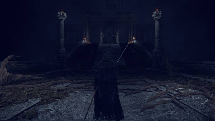 The player stands at the entrance to the Grand Lift Of Rold in Elden Ring.