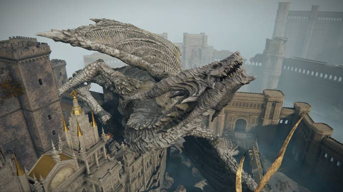 A bird’s eye view of the petrified remains of the Ancient Dragon Gransax inside Leyndell in Elden Ring.