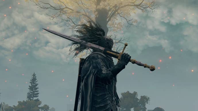 A warrior holds the Lordsworn’s Greatsword in Elden Ring.