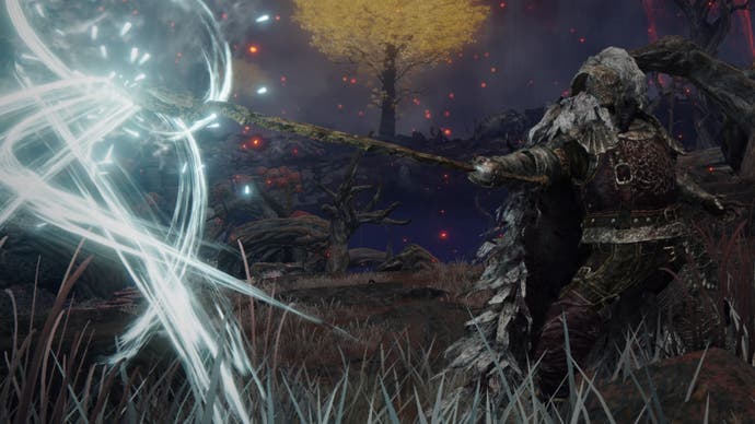 The player character casts the Ghostflame Ignition skill using the Death's Poker greatsword in Elden Ring