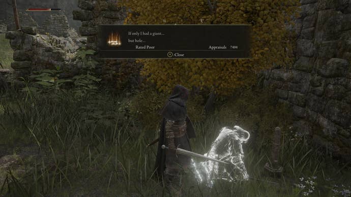 An Elden Ring player sees a small pole jutting out of the ground with the messages, "If only I had a giant... But hole..." written next to it.
