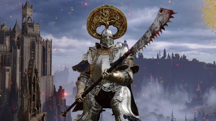 The player character holds the Vulgar Militia Saw halberd in Elden Ring
