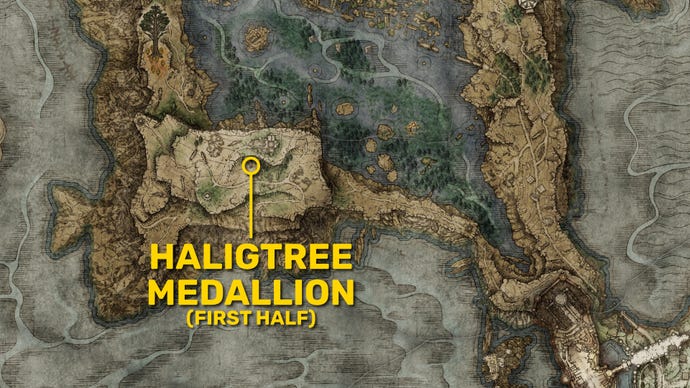 Une partie de la carte d'Elden Ring montrant l'emplacement de la première moitié du médaillon Haligtree.
