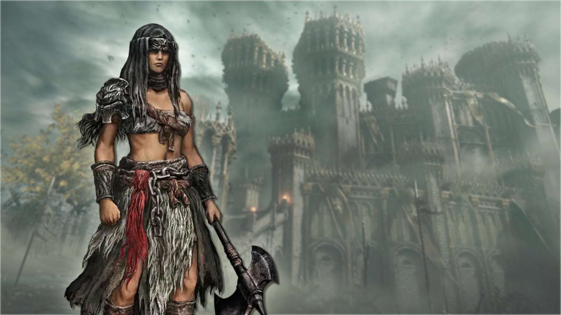 A portrait of the Hero class in Elden Ring, against a gothic castle backdrop. - 6