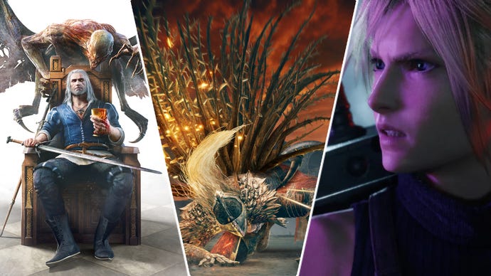 Elden Ring's Tarnished between The Witcher 3's Geralt and Final Fantasy 7 Rebirth's cloud.