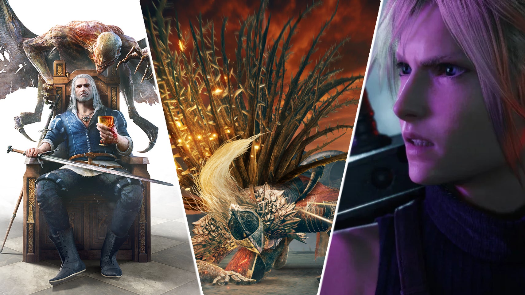 Elden Ring's Tarnished between The Witcher 3's Geralt and Final Fantasy 7 Rebirth's cloud. - 1