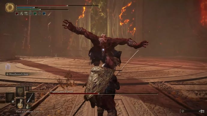 Elden Ring faces Hoarah Loux, Warrior, who rushes forward to attack beneath the burning Erdtree