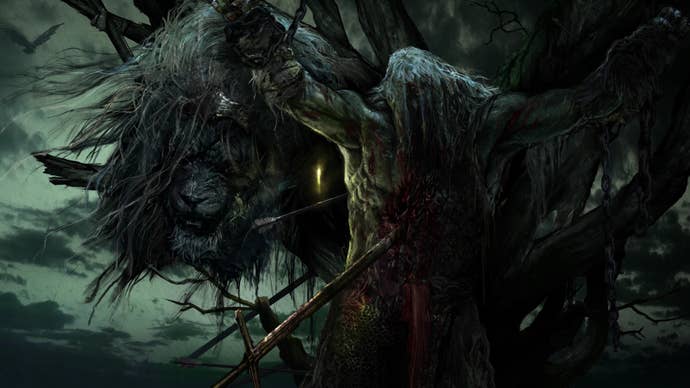 Artwork of a temporarily deceased Hoarah Loux in the Badlands, as shown in the Elden Ring opening cinematic.