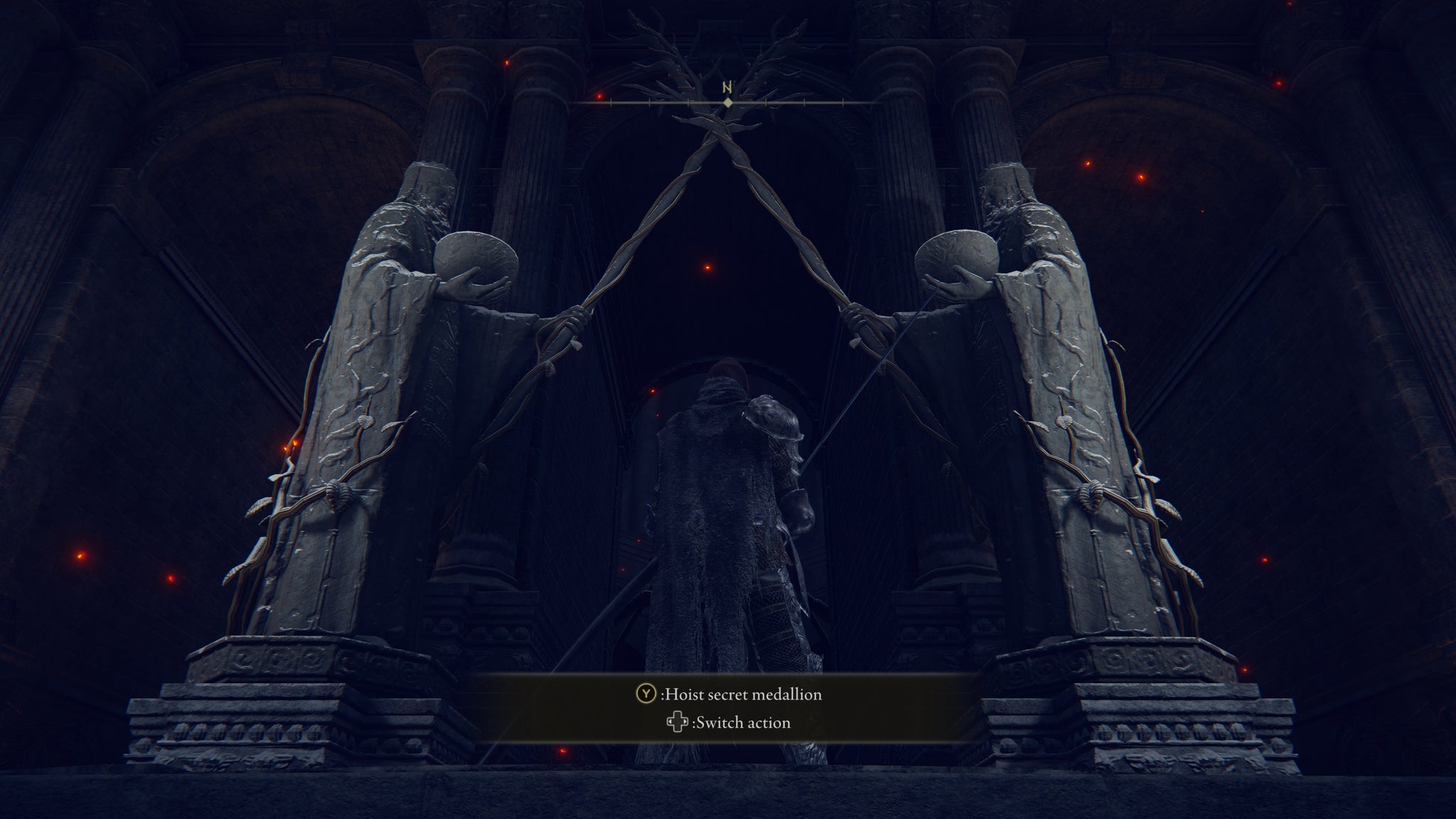 The player in Elden Ring stands on the Grand Lift Of Rold and prepares to hoist the secret medallion. - 5