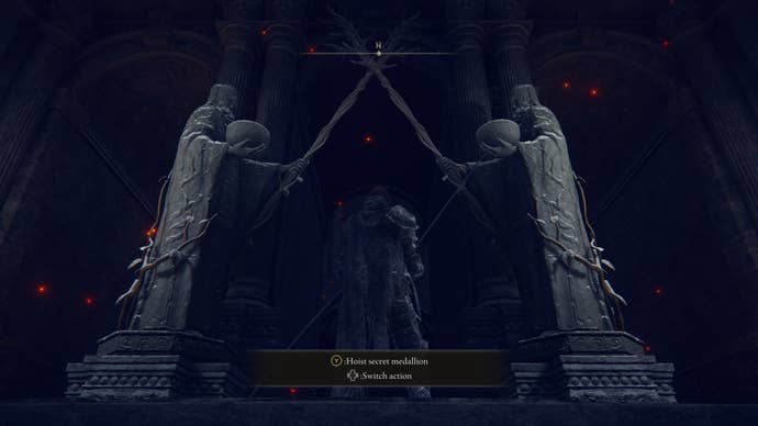 The player in Elden Ring stands on the Grand Lift Of Rold and prepares to hoist the secret medallion.