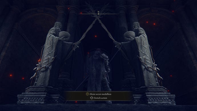 The player in Elden Ring stands on the Grand Lift Of Rold and prepares to hoist the secret medallion.