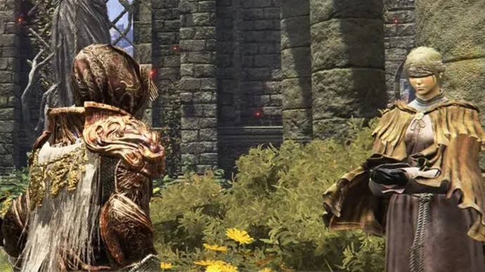 A warrior speaks to Lightseeker Hyetta in a church in Elden Ring