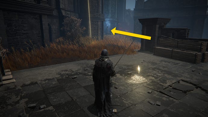 The player in Elden Ring: Shadow Of The Erdtree stands next to a Site Of Grace in Castle Ensis. A yellow arrow marks the path towards an Imbued Sword Key.