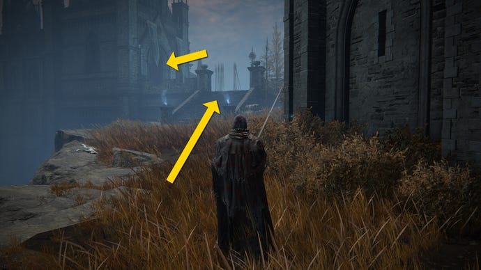 The player in Elden Ring: Shadow Of The Erdtree follows the main path up some stairs in Castle Ensis. Two yellow arrows mark the path towards an Imbued Sword Key.