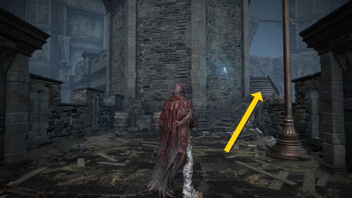 The player in Elden Ring: Shadow Of The Erdtree walks along the ramparts of Castle Ensis. A yellow arrow marks the path towards an Imbued Sword Key.