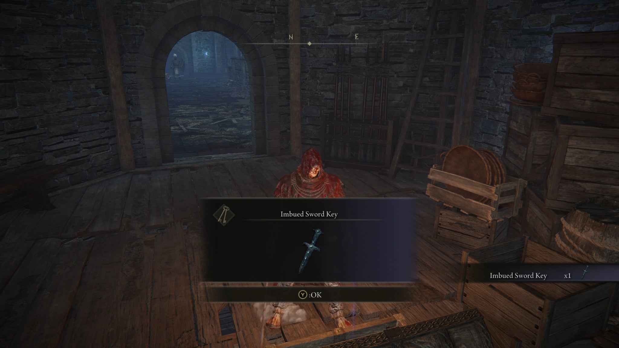 The player in Elden Ring: Shadow Of The Erdtree receives an Imbued Sword Key from a chest in a castle tower. - 9