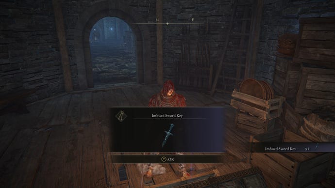 The player in Elden Ring: Shadow Of The Erdtree receives an Imbued Sword Key from a chest in a castle tower.