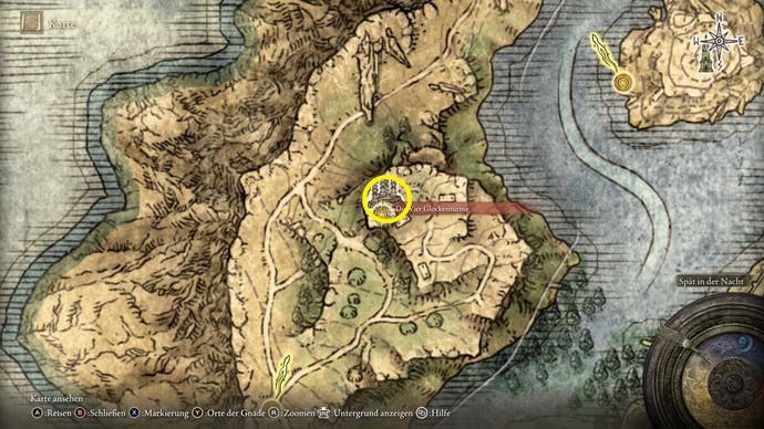 A map screen of Elden Ring, showing the location of the four belfries