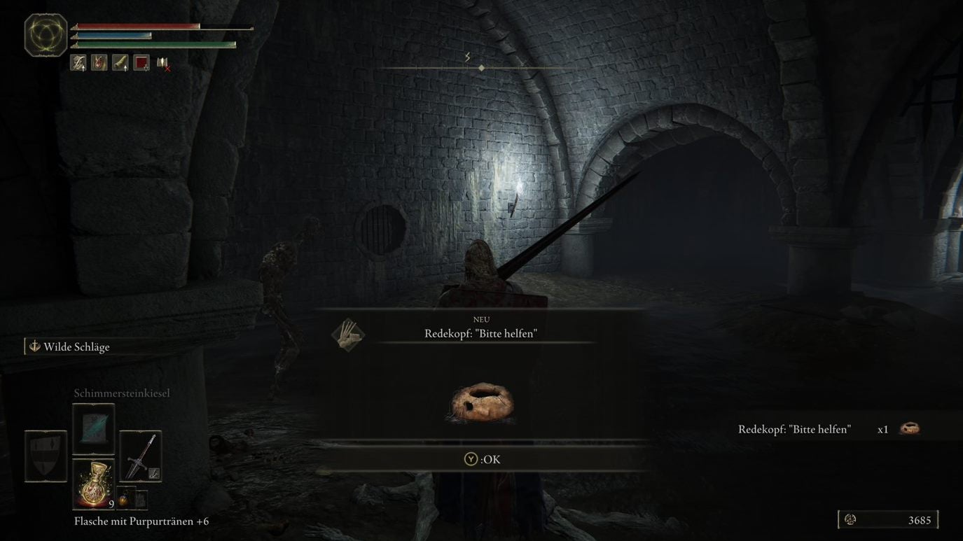 A warrior picks up a Prattling Pate item  in the Impaler&rsquo;s Catacombs in Elden Ring