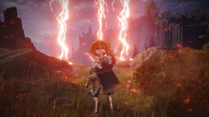 Elden Ring screenshot of the Tarnished atop a cliff, performing the Ancient Dragons' Lightning Strike Incantation.